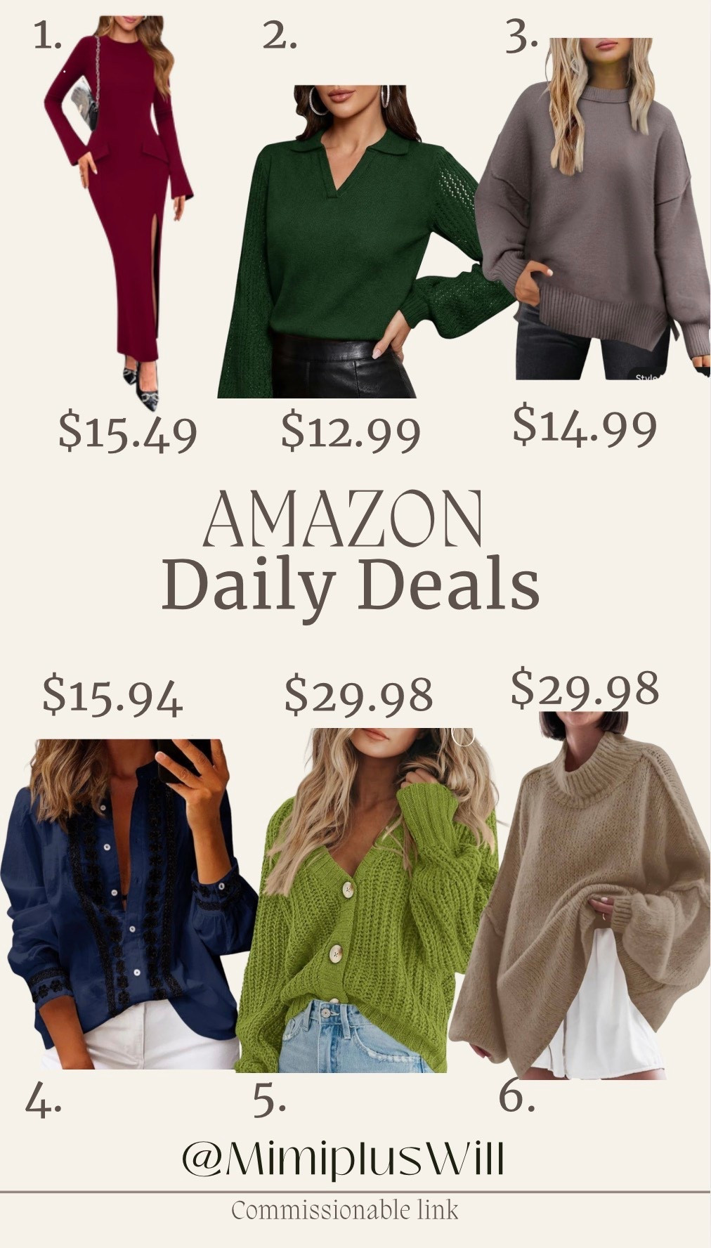 Amazon daily deals! Use the codes listed below for a limited time! 

1. 50E3JDRN
2. BANDLPOT
3. 4UMTD29L
4. Q9Y9WOKT
5&6 no codes needed 

Amazon | Amazon deals | sweater | dress | holiday outfit | casual sweater | gifts for her 
Follow @mimipluswill for more! 

#LTKFindsUnder50 #LTKHoliday #LTKSaleAlert