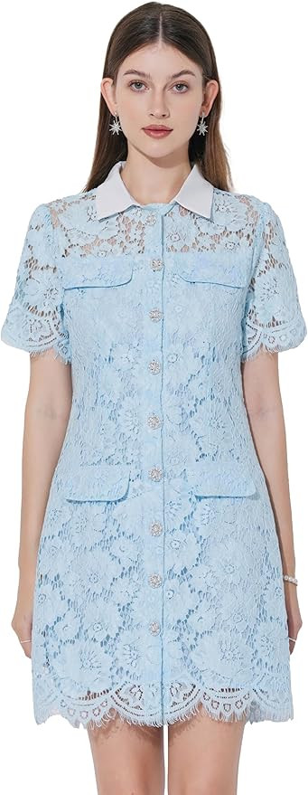 LAI MENG FIVE CATS Women's Lace Floral Contrast Collar Button Up Mini Dress | Amazon (US)