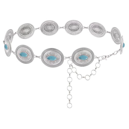 Montana West Rustic Couture's Turquoise Western Metal Chain Belt for Women Cowgirl Concho Belt Adjustable Boho Belt for Dresses Jeans Country Concert Outfit RCB-1033TQ | Amazon (US)
