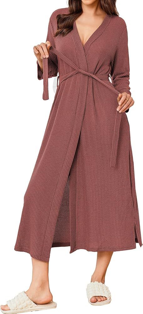 Ekouaer Women's Robe Long Waffle Knit Bathrobe Lightweight Soft Kimono Robes Loungewear S-XXL | Amazon (US)