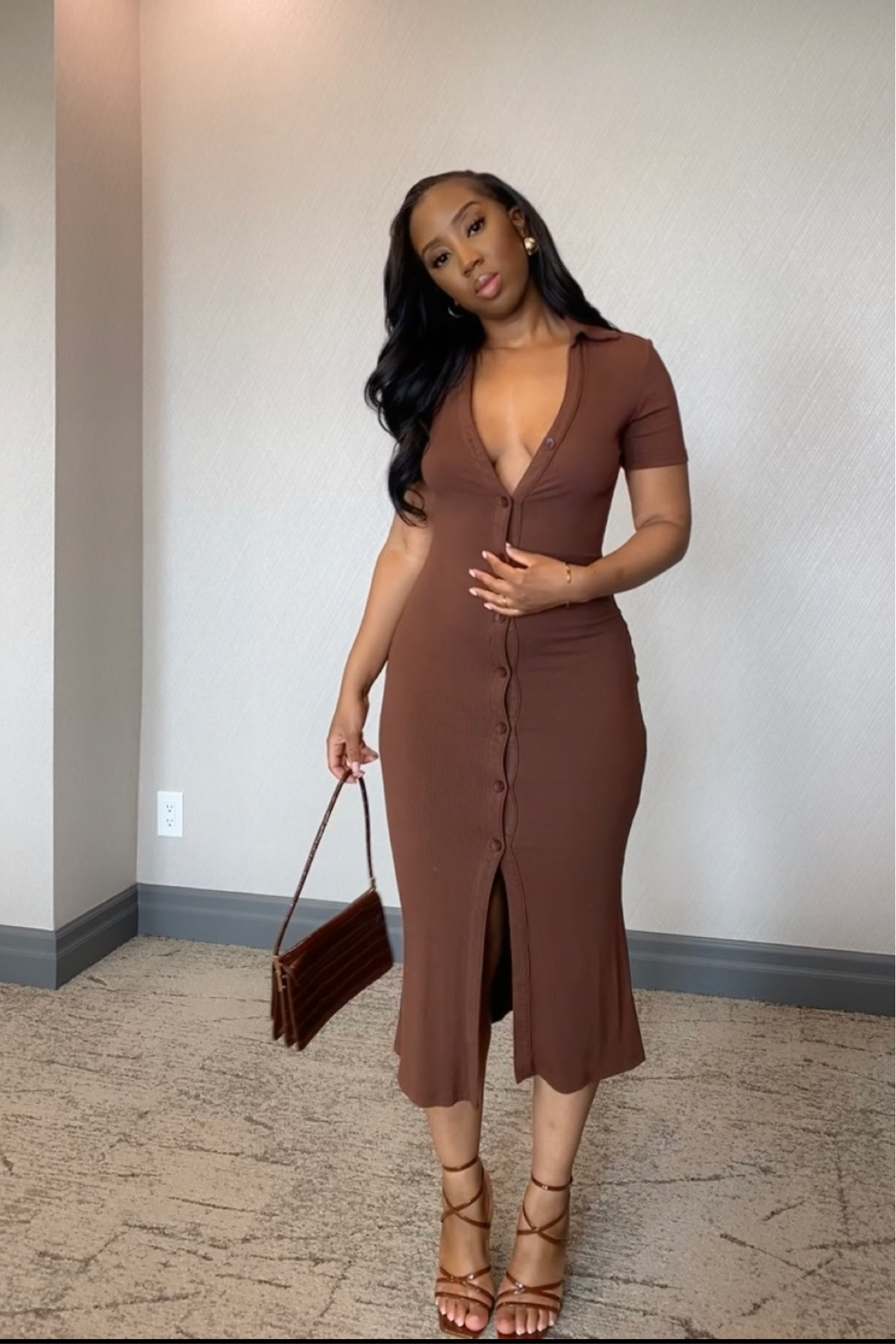 The dress is from shein but no longer available. There is a similar one from micas - shell sleeve ribbed buttons down maxi dress also linked similar items 🫶🏾