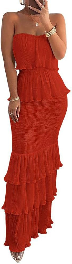 chouyatou Women's Sweet Ruffle Smocked Bodycon Maxi Dress Shirred Package Hip Mermaid Bandeau Dre... | Amazon (US)