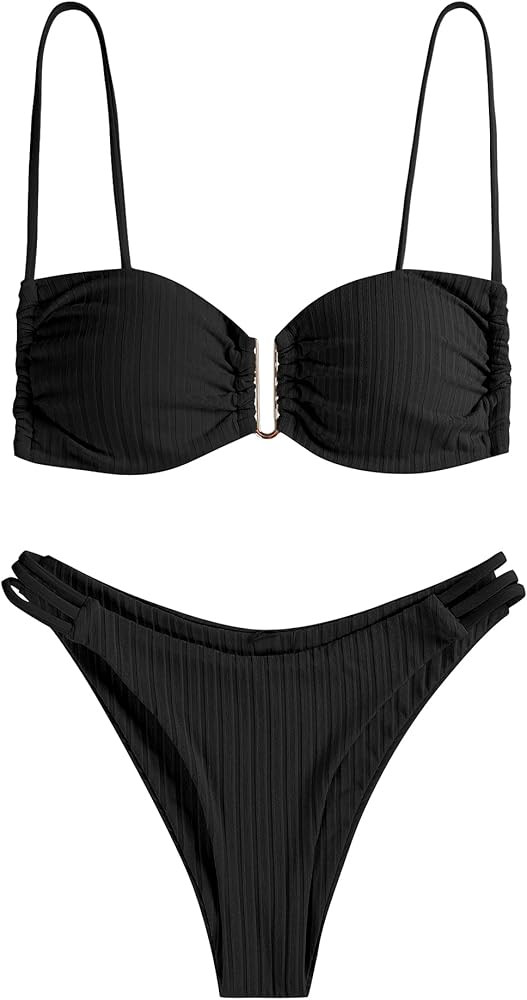 ZAFUL Women's Ruch V-Wire Bikini Sets Colorblock Strappy Crop Strap Side High Cut Brazilian 2 Pie... | Amazon (US)