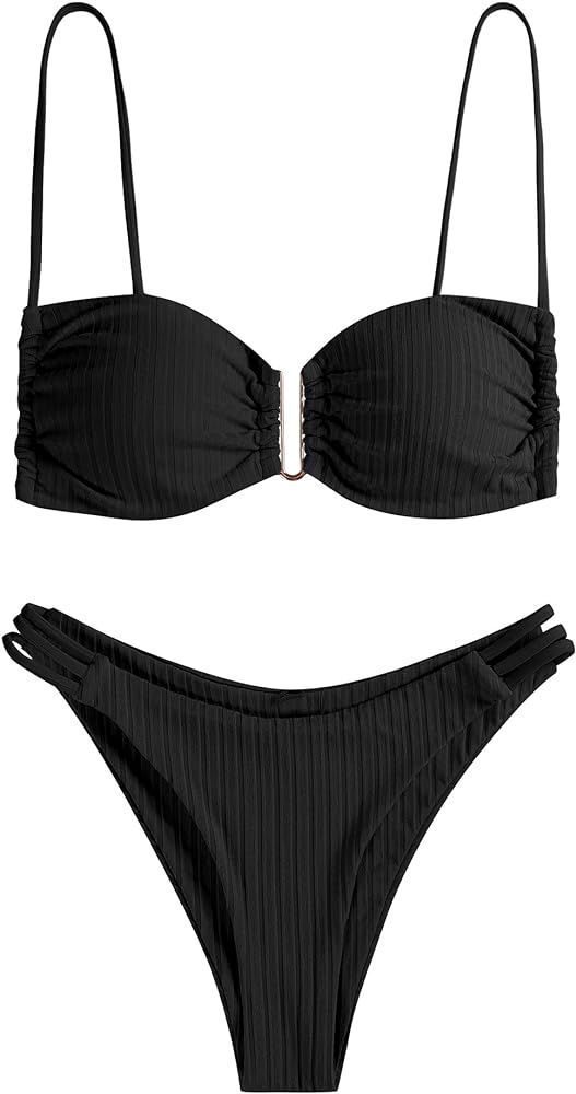 ZAFUL Women's Ruch V-Wire Bikini Sets Colorblock Strappy Crop Strap Side High Cut Brazilian 2 Pie... | Amazon (US)