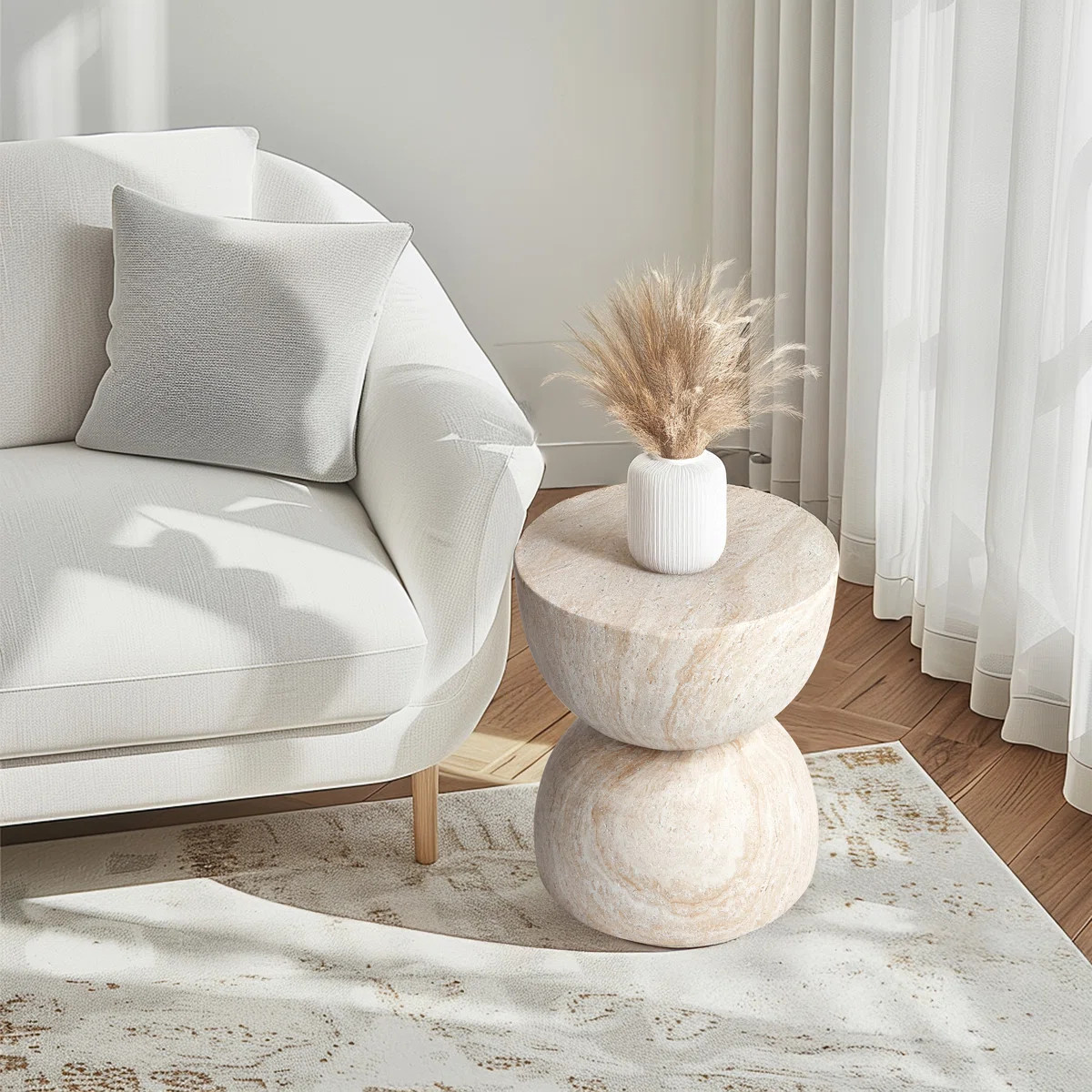 Double Hourglass Travertine Stone Finish Italian Design MgO Side Accent Table | Wayfair North America