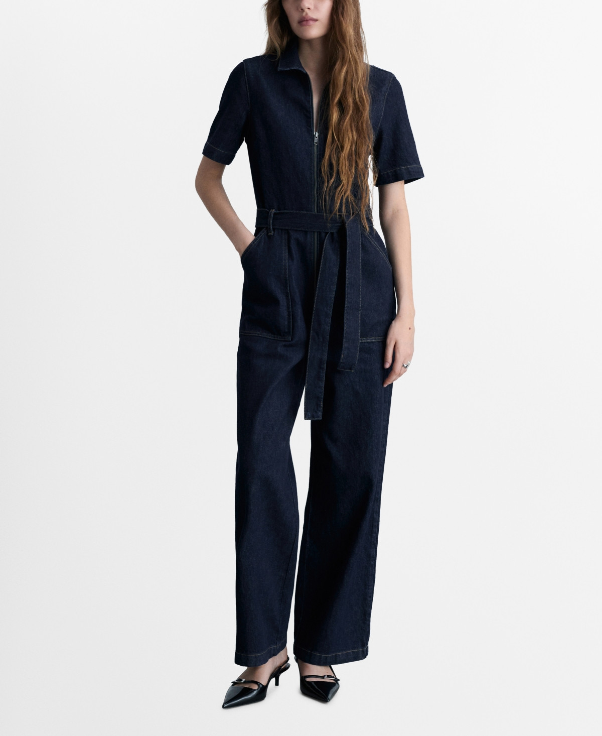 Mango Women's Belted Denim Jumpsuit - Open Blue | Macy's