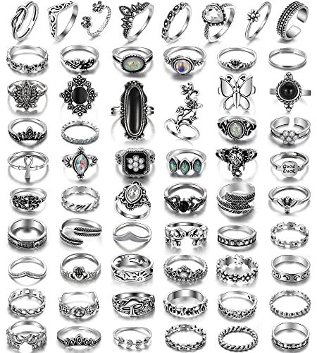 17IF 60 PCS Vintage Silver Goth Ring Set for Women, Punk Boho Chunky Knuckle Stackable Finger Ring Pack Aesthetic Grunge Adjustable Retro Stone Opal Crystal Cat Snake Flower Gothic Rings | Amazon (US)