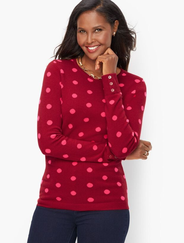 Cashmere Button Cuff Crewneck Sweater - Dot | Talbots