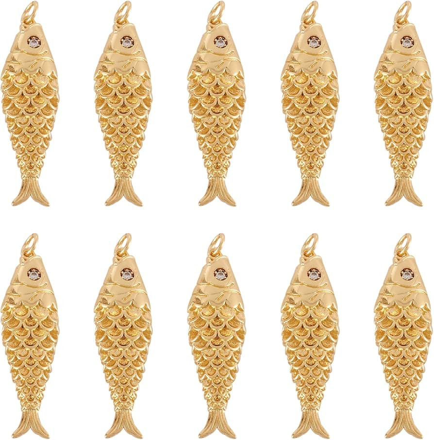 FASHEWELRY 10Pcs 18K Gold Plated Fish Charms Cubic Zirconia Fishing Eyes Charm Brass Golden Carp ... | Amazon (US)