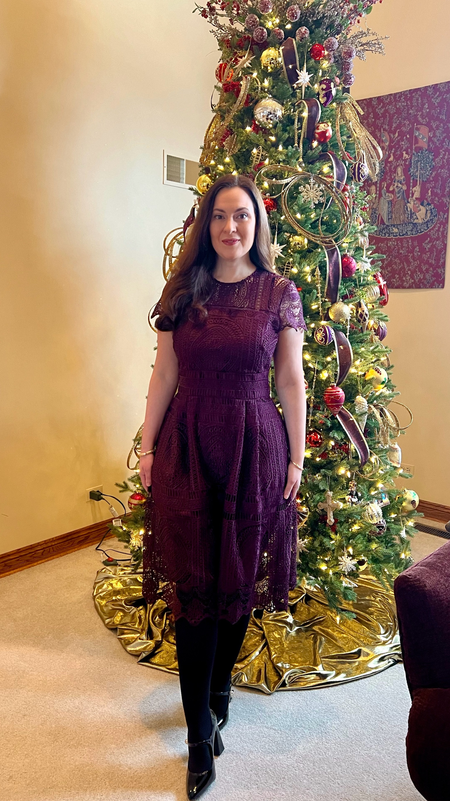 Twelve Days of Holiday Outfit Ideas - loving this fit and flare lace dress from WHBM. It’s perfect for a day or evening holiday party or a Christmas family photo. I paired it with tights and patent leather Kate Spade Mary Jane style pumps (Maren pearl pumps). 

#LTKparties #LTKHoliday #LTKover40