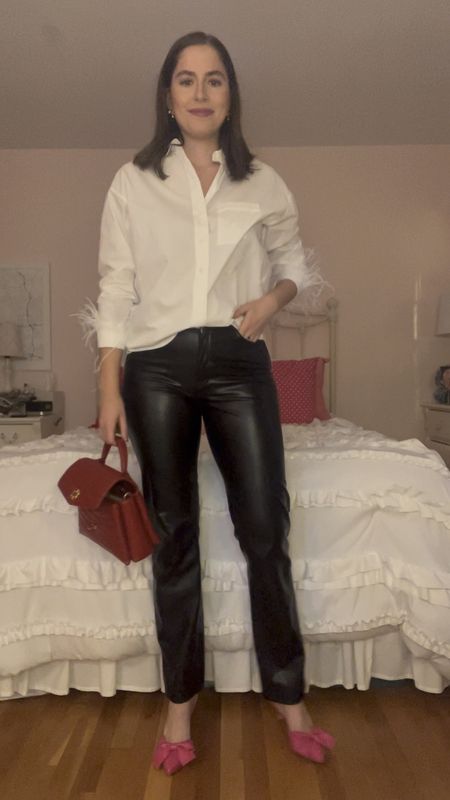 Date night outfit, NYE outfit, Christmas outfit, holiday party outfit, New Year’s Eve, white button down, feather button down, feather shirt, faux leather pants, leather pants, red bag, red top handle bag, black ankle boots, pink mules, pink heels, holiday outfit, bow heels, red bag, red clutch, holiday outfit

#LTKfindsunder100 #LTKstyletip #LTKSeasonal