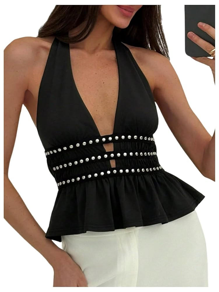 Verdusa Women's Beaded Backless Halter Tops Ruffle Deep V Neck Sleeveless Going Out Tops | Amazon (US)