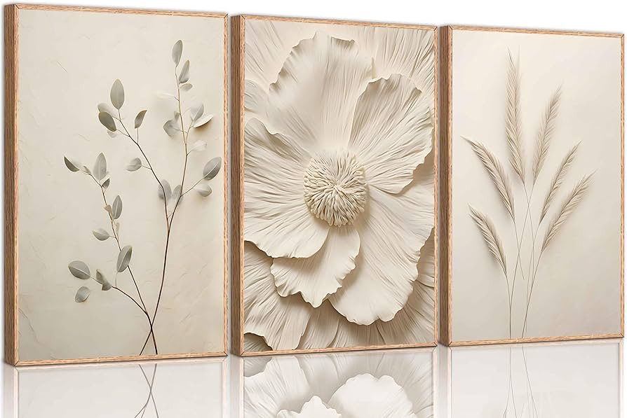 3Pcs Neutral Beige Floral Plant Canvas Wall art Textured Flower Botanical Painting Picture Wall D... | Amazon (US)