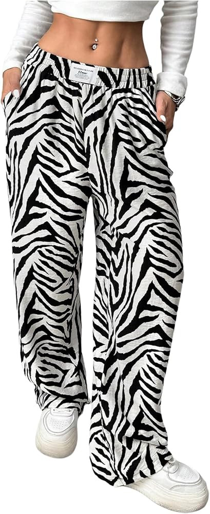 Women's Letter Leopard Print Straight Leg Pants Elastic Waist Y2K Trousers Bottoms with Pockets | Amazon (US)
