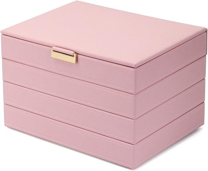 FANCIME Large Stackable Jewelry Organizer Trays for Women Girls, Pink Leather Jewelry Box with 4 ... | Amazon (US)