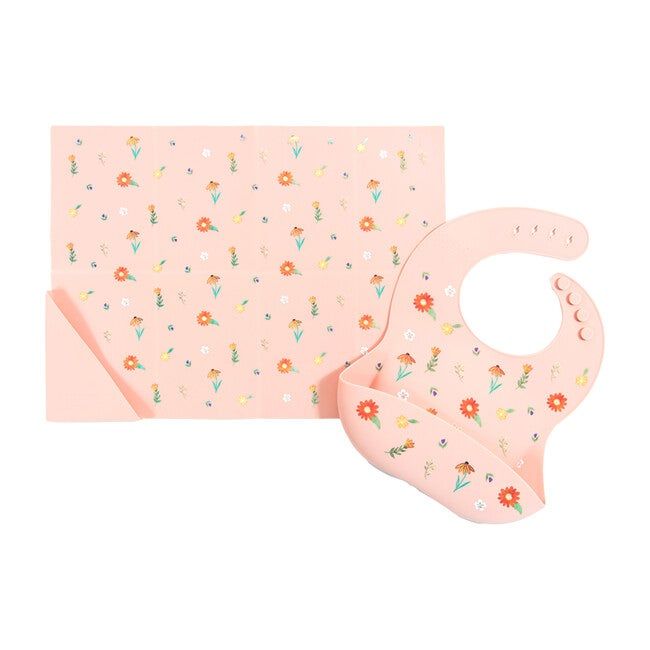 Silicone Bib and Foldable Placemat Set, Wildflower Ripe Peach | Maisonette