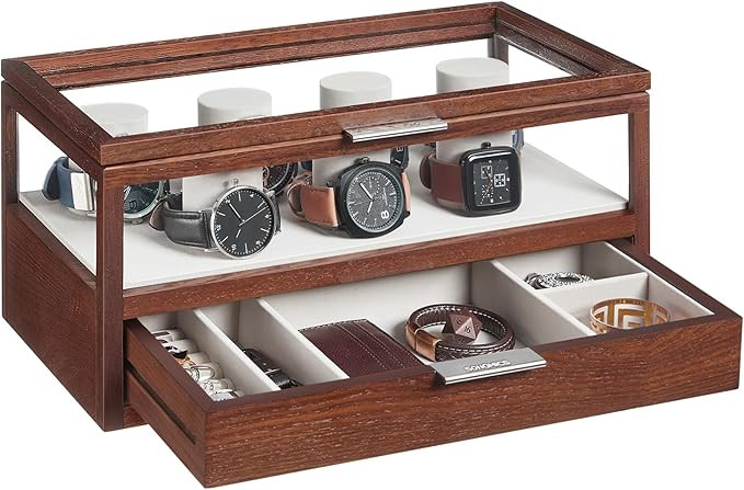 SONGMICS 2-Tier Watch Case, Watch Display Box, Watch Holder with 7 Pillars, Drawer, Acrylic and S... | Amazon (US)