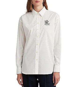 Lauren Ralph Lauren Stretch Cotton Point Collar Long Sleeve Embroidered Logo Shirt - S | Dillard's