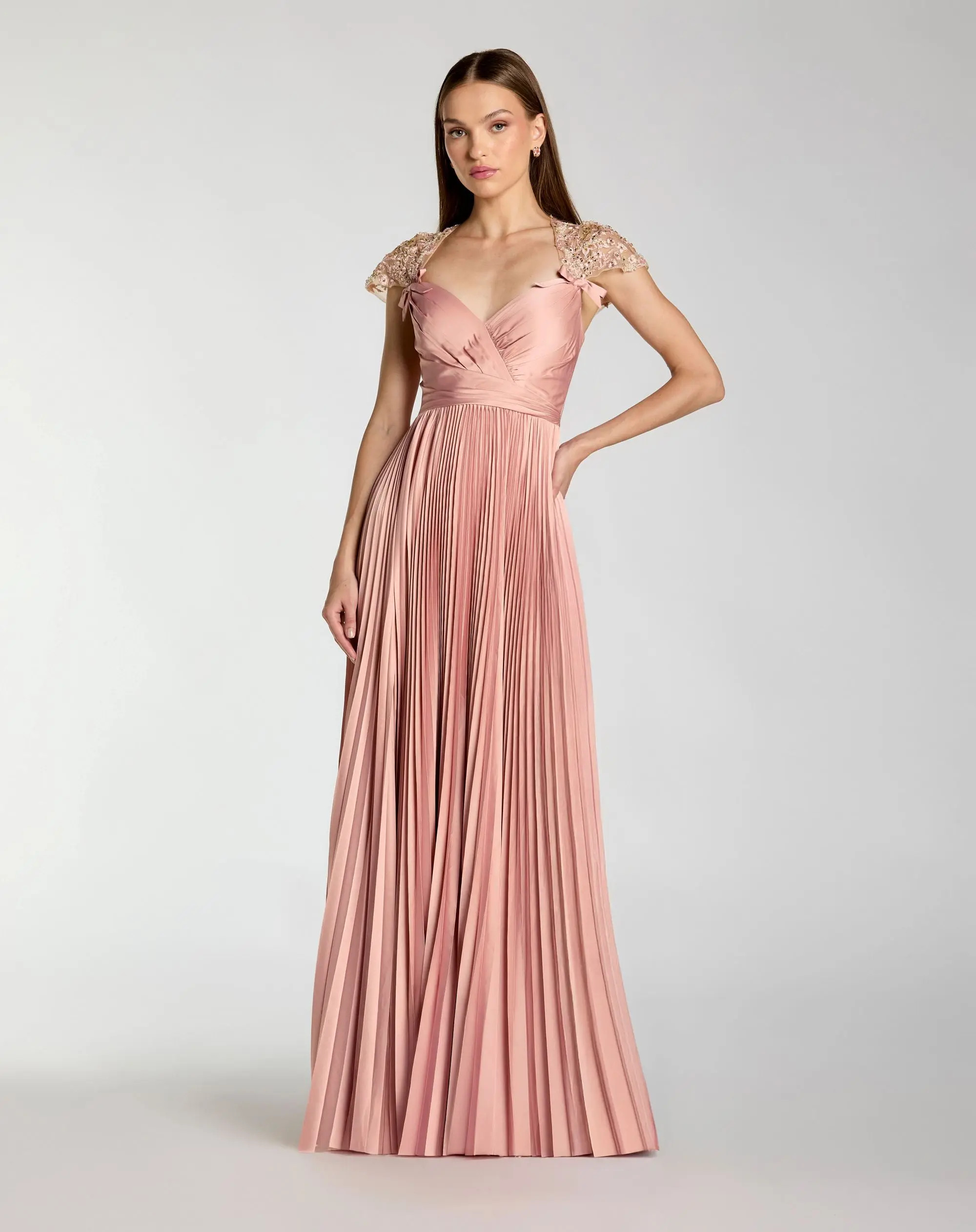 Pink Pleated Charmeuse Embellished Cap Sleeve Gown | Mac Duggal | Mac Duggal