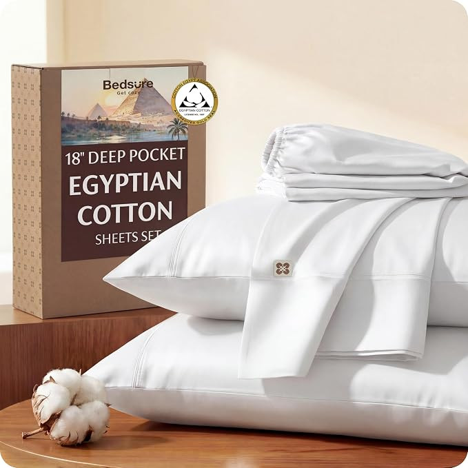 Bedsure 100% Giza CEA Certified Egyptian Cotton Sheets - 18" Deep Pocket King Size Hotel Sheets w... | Amazon (US)