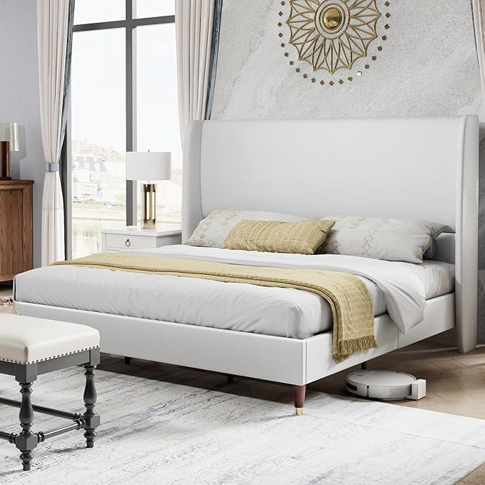 PaPaJet King Platform Bed Frame 51.2" High Headboard Tall Upholstered Bed/No Box Spring Required/... | Amazon (US)