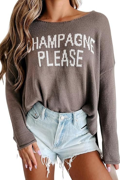 Womens Fashion 2024 Champagne Please Graphic Long Sleeve Pullover Sweater Loose Crewneck Knitted ... | Amazon (US)