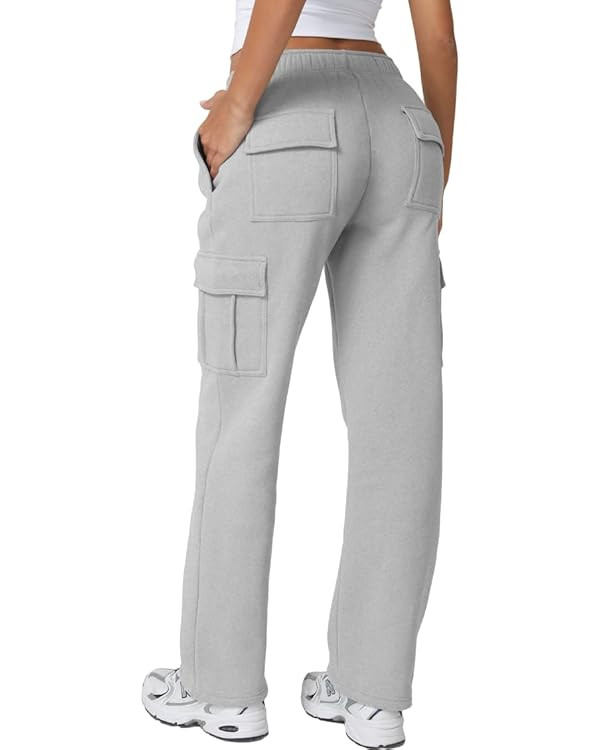 QINSEN Womens Medium Waist Baggy Elastic Waist Sweatpants Casual Fleece Long Pants with Pockets | Amazon (US)