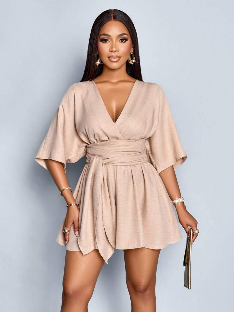 SOLERSUN Women's Elegant Deep V-Neck Cinched Waist Tie Front Batwing Sleeve Ruched Waist Jumpsuit... | SHEIN