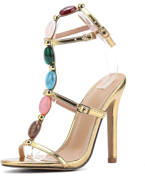 Kluolandi Jewelled Strappy Gold Heels for Women Open Toe Ankle Strap Gladiator Stiletto Heeled Sa... | Amazon (US)