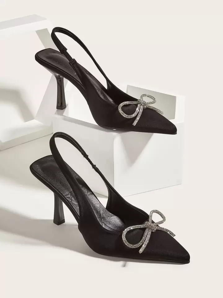 Women Rhinestone Bow Decor Point Toe Sculptural Heeled Slingback Point Toe Stiletto Heeled Slingb... | SHEIN