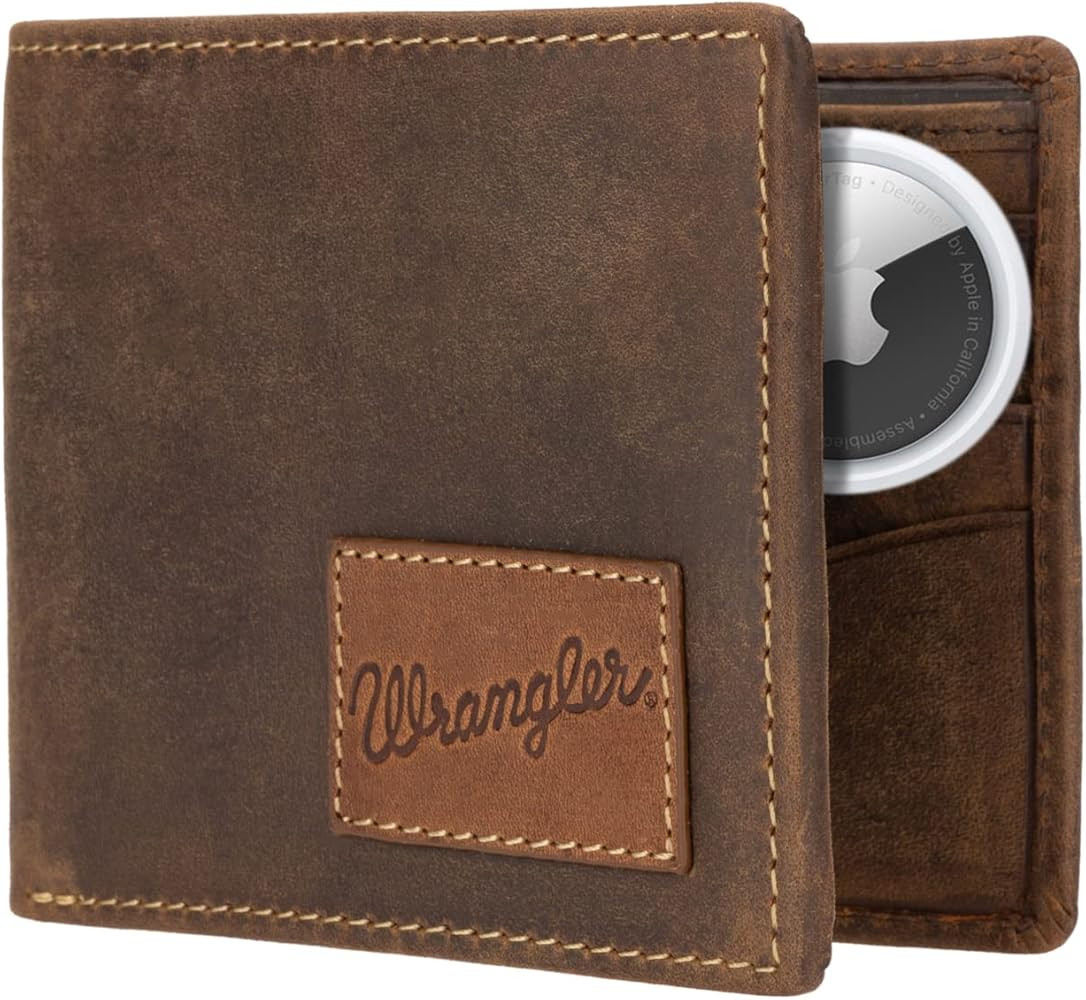 Wrangler Men’s Bifold Slim RFID Blocking Wallet with Stealth AirTag Holder, Genuine Leather | Amazon (US)