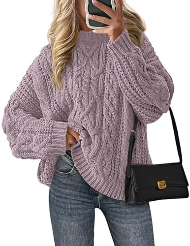 PRETTYGARDEN Women's Oversized Fall Sweaters 2025 Casual Long Sleeve Crewneck Chunky Cable Knit Pullover Tops Winter Clothes (Light Purple,Medium) | Amazon (US)