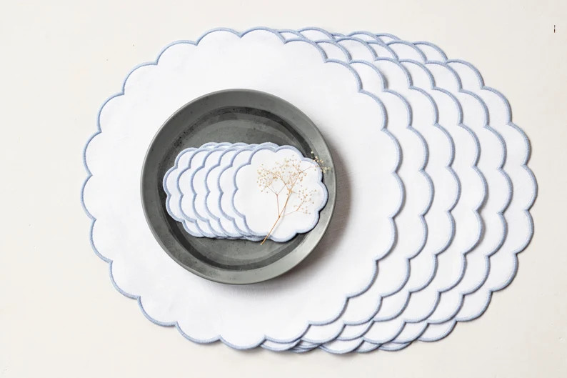 White linen round table mats with scallop edges in blue for | Etsy | Etsy (US)