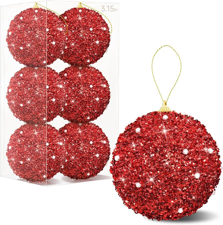 6 Pcs 3.15 Inch Christmas Ball Ornaments Glitter Sequin Ball Large Red Christmas Tree Decorations... | Amazon (US)