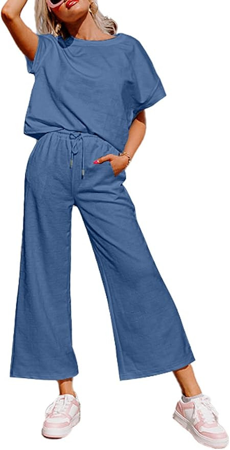 Glamaker Womens 2 Piece Outfits Lounge Sets Short Sleeve Loose Fit Top and Wide Leg Pants Set Swe... | Amazon (US)