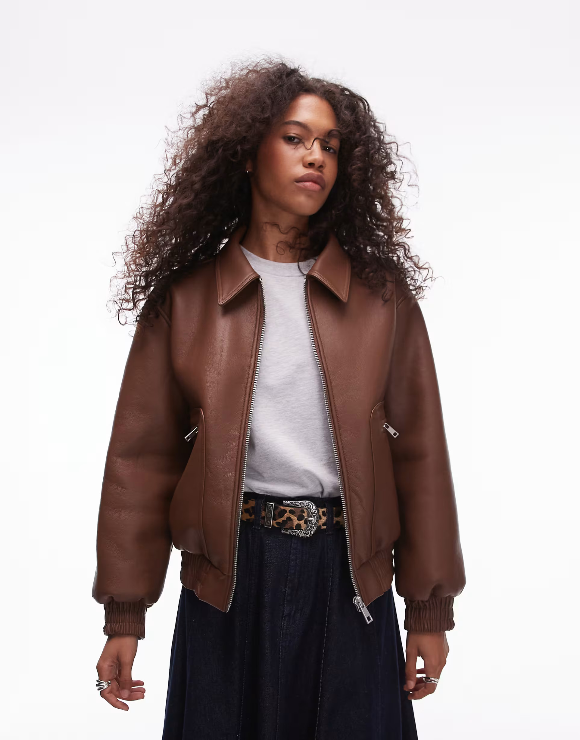 Topshop faux leather shearling bomber jacket in tan | ASOS (Global)