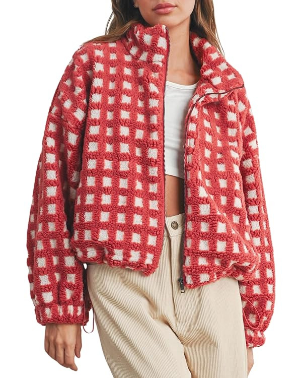 Esmeling Women’s Long Sleeve Cropped Sherpa Fleece Plaid Jacket Casual Chunky Teddy Fleece Oute... | Amazon (US)
