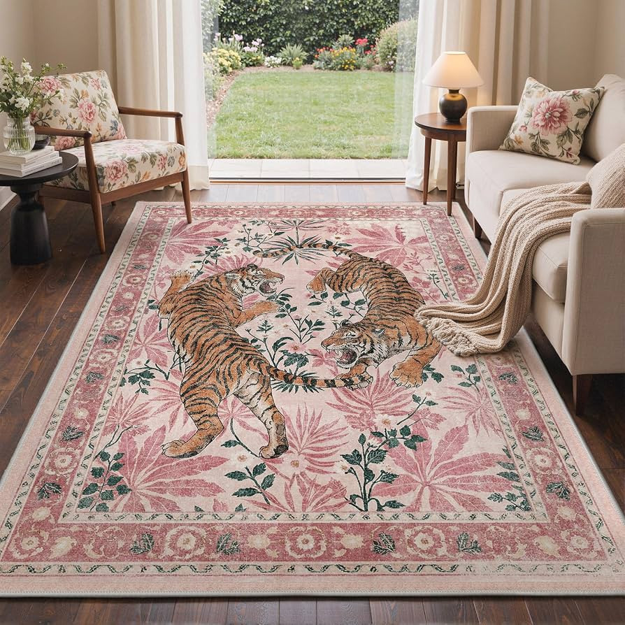 Bavni Pink Tiger Print Area Rugs 5x7, Boho Vintage Oriental Living Room Rug, Non Slip Washable Ru... | Amazon (US)