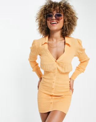 ASOS DESIGN shirred gathered beach mini dress in washed coral | ASOS (Global)