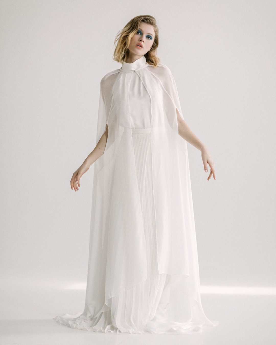 Halterneck Silk Chiffon Wedding Gown with Cathedral Cape | Etsy (US)