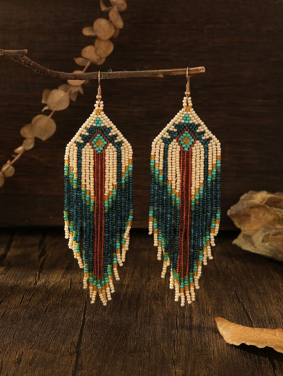 1 Pair Bohemian Handmade Beaded Long Tassel Earrings For Women | SHEIN