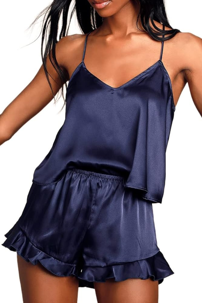 CHYRII Women's Sexy Silk Satin Ruffled Pajamas Sets Cami Shorts Sets Sleepwear | Amazon (US)
