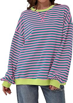 Women Striped Oversized Sweatshirt Color Block Crew Neck Long Sleeve Shirt Casual Pullover Top Fa... | Amazon (US)