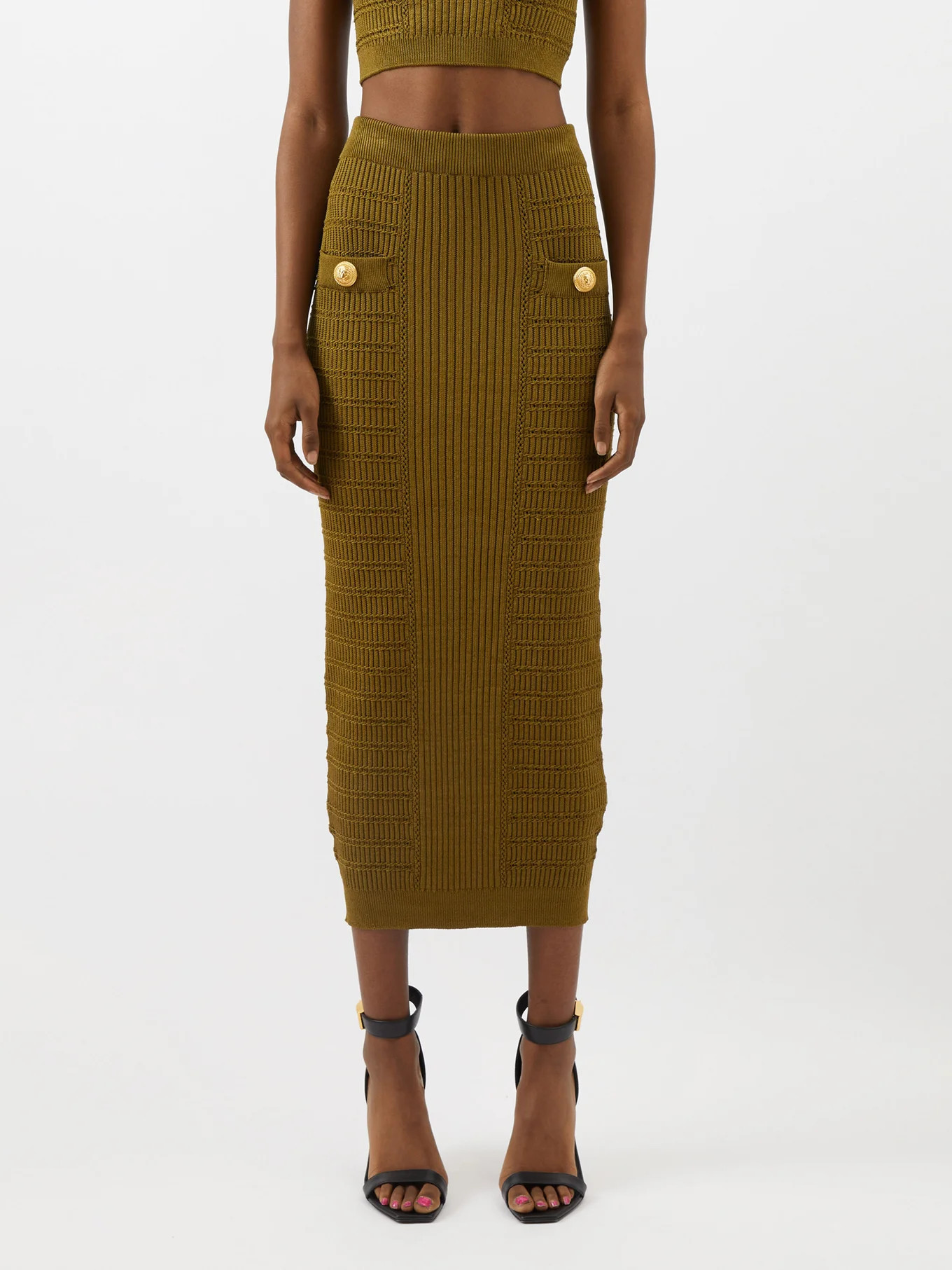 Gold-button high-rise knit midi skirt | Balmain | Matches (US)