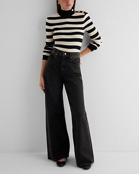 Striped Mock Neck Padded Shoulder Novelty Button Sweater | Express