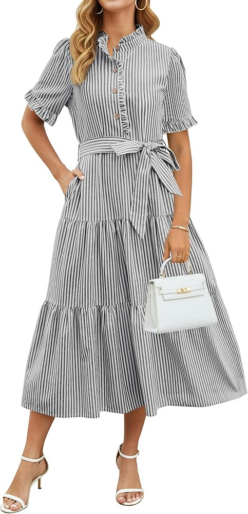 Womens Summer Dress Cotton Striped Button Up Maxi Dresses Ruffled Sleeve | Amazon (US)