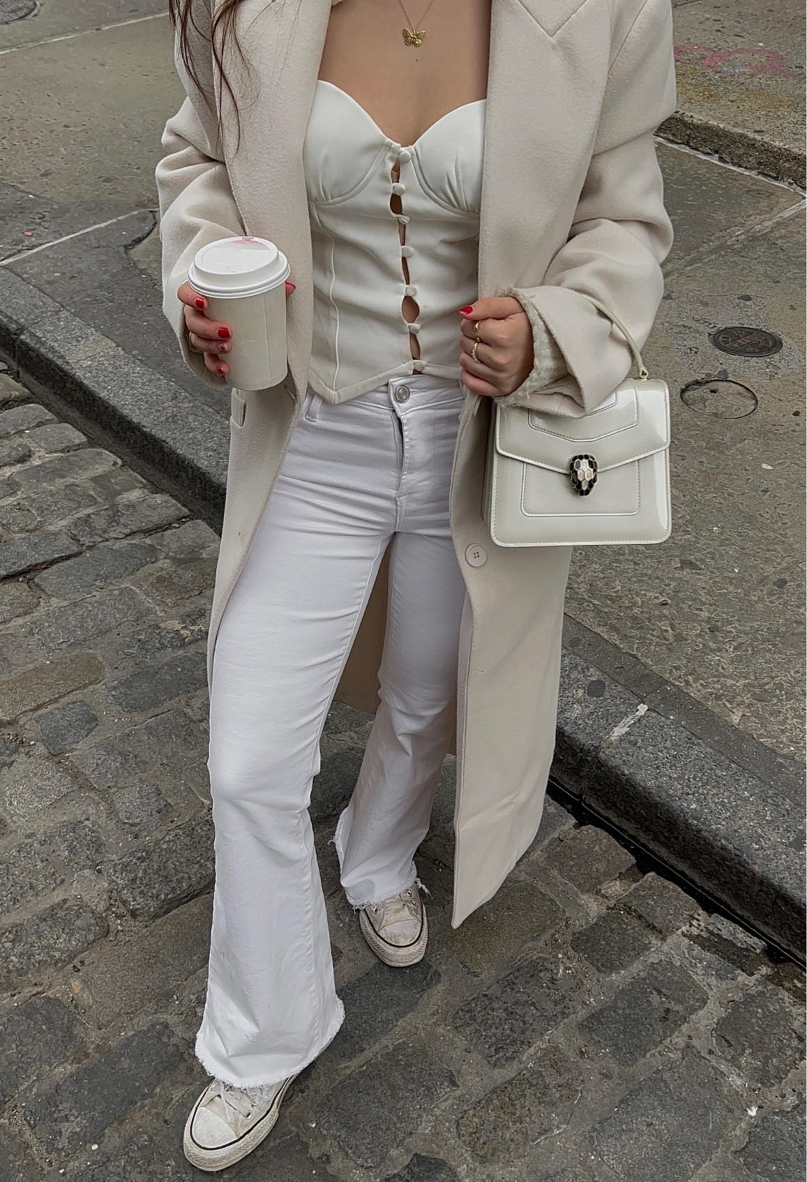 Monochrome white outfit inspo 
White jeans, flared jeans, white coat, winter coat, wool coat, corset top, Bvlgari bag, outfit details, winter ootd, winter fashion, casual chic

#LTKstyletip #LTKworkwear #LTKfindsunder100