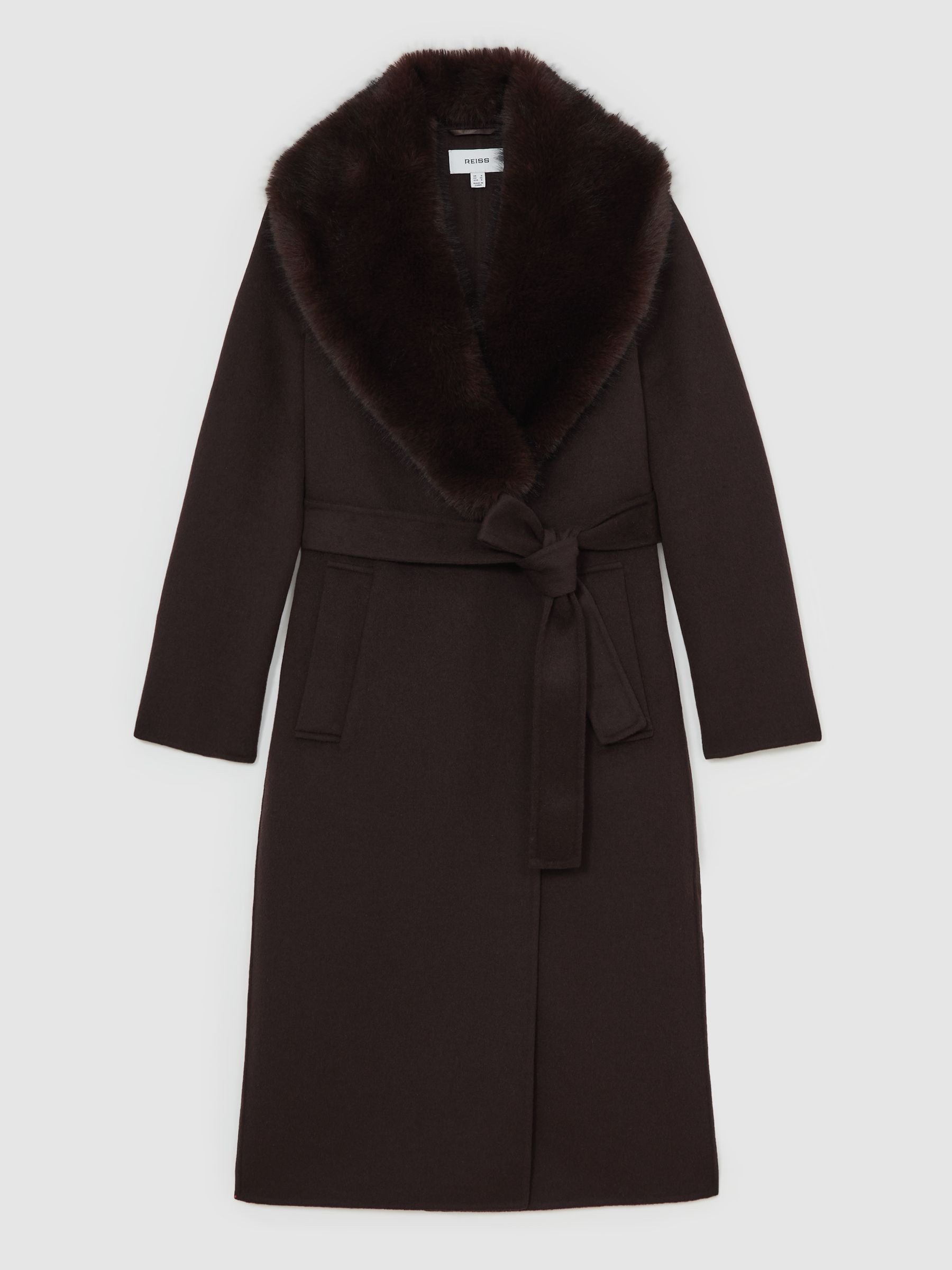 Faux-Fur Collar Blindseam Coat Wool-Blend in Chocolate Brown | Reiss UK