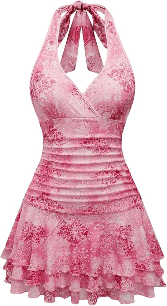 WDIRARA Women's Y2k Leopard Print Halter Dress Tie Backless Layered Ruffle Hem Mini Dresses Cheet... | Amazon (US)