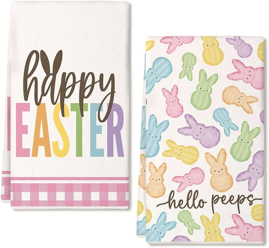 Pink Bunny Easter Kitchen Towels Set of 2,Buffalo Check Hello Peeps Dish Hand Towels Farmhouse In... | Amazon (US)